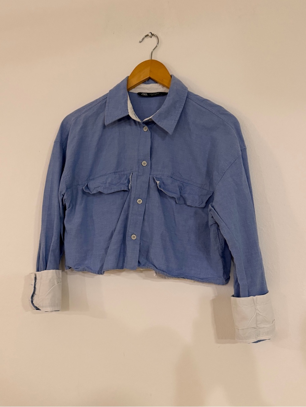 Zara Light Blue Cropped Button-Front Jacket